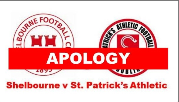 An image with Shelbourne FC and St.Patrick Athletics crests with the word Apology written on it.