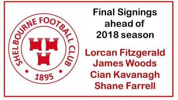 Shelbourne football club's logo along with names Lorcan Fitzgerald, James Woods, Cian Kavanagh and Shane Farrell written in the corner.