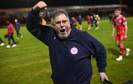 26 April 2024; Shelbourne kitman Johnny Watson celebrates after the SSE Airtricity Men's Premier Division match between Shelbourne and St Patrick's Athletic at Tolka Park in Dublin. Photo by David Fitzgerald/Sportsfile