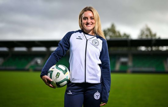 15 October 2024; Maggie Pierce of Shelbourne during the 2024 Sports Direct Women's FAI Cup Final media day at Tallaght Stadium in Dublin. Photo by David Fitzgerald/Sportsfile