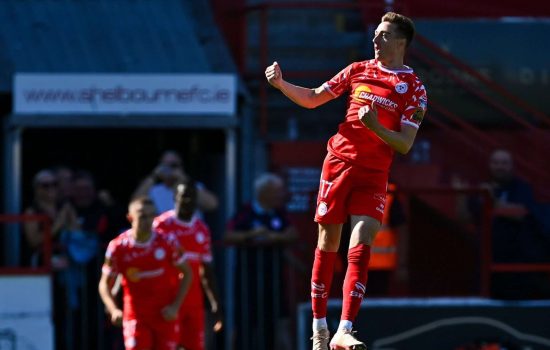 9 August 2025; Daniel Kelly of Shelbourne celebrates after scoring his side's first goal during the SSE Airtricity Men's Premier Division match between Shelbourne and Bohemians at Tolka Park in Dublin. Photo by Tyler Miller/Sportsfile