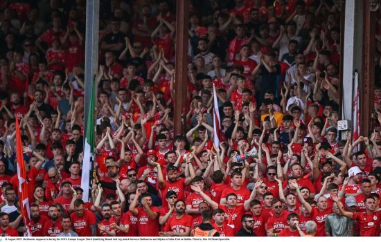 12 August 2025; Shelbourne supporters during the UEFA Europa League Third Qualifying Round 2nd Leg match between Shelbourne and Rijeka at Tolka Park in Dublin. Photo by Ben McShane/Sportsfile