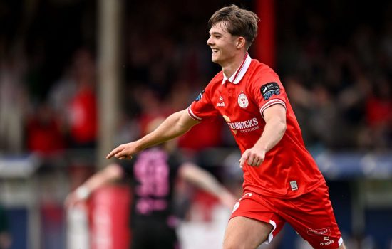 23 July 2026; Sean Moore of Shelbourne celebrates after scoring his side's second goal during the UEFA Conference League Second Qualifying Round first leg match between Shelbourne and Kalju at Tolka Park in Dublin. Photo by Seb Daly/Sportsfile