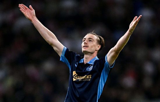 6 August 2026; Daniel Kelly of Shelbourne celebrates after scoring his side's first goal  during the UEFA Conference League Third Qualifying Round first leg match between Ajax and Shelbourne at Johan Cruyff Arena in Amsterdam, Netherlands. Photo by Seb Daly/Sportsfile