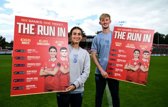 9 September 2026; Olivia Damico and Eddie Beach during a Shelbourne media event at Tolka Park in Dublin. Photo by Stephen McCarthy/Sportsfile