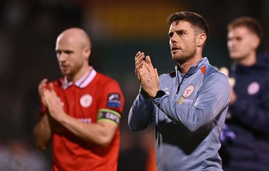 4 September 2026; Shelbourne head coach John Russell acknowledges their supporters after their drawn SSE Airtricity Mens Premier Division match between Shamrock Rovers and Shelbourne at Tallaght Stadium in Dublin. Photo by Ben McShane/Sportsfile